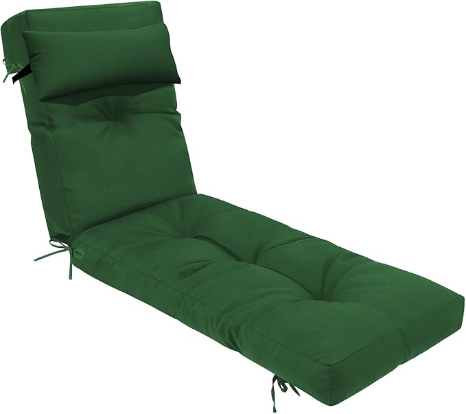 Waterproof Lounge Chair Cushion Outdoor for Chairs, Fade Resistant Chaise Lounger Replacement Cushions with 6 Ties, Thickened Memory Foam Pool Lounge Chair Cushions, 76 x 22 x 4.7 Inches, Green