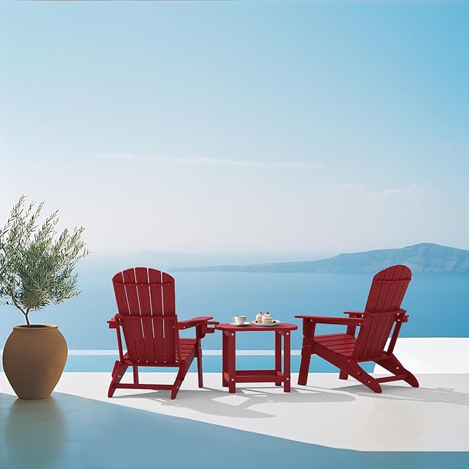 Plawdlik Folding Adirondack Chair Set of 2,Cup Holder,Wooden Textured,Heavy All-Weather HDPE Outdoor Chairs, Poolside Backyard Lawn,Red