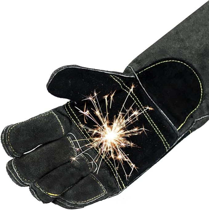 Welding/BBQ Leather Gloves, 16 Inches, Black-Gray, Heat/Fire Resistant, Mitts for Oven/Grill/Fireplace/Furnace/Stove/BBQ/16 inches Extra Long Sleeve