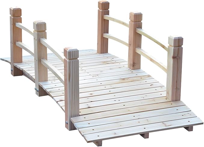 CHARMMA Fir Wood Garden Bridge Arc Walkway with Side Railings for Backyards, Gardens, and Streams, Natural Wood, 60" x 26.5" x 19"