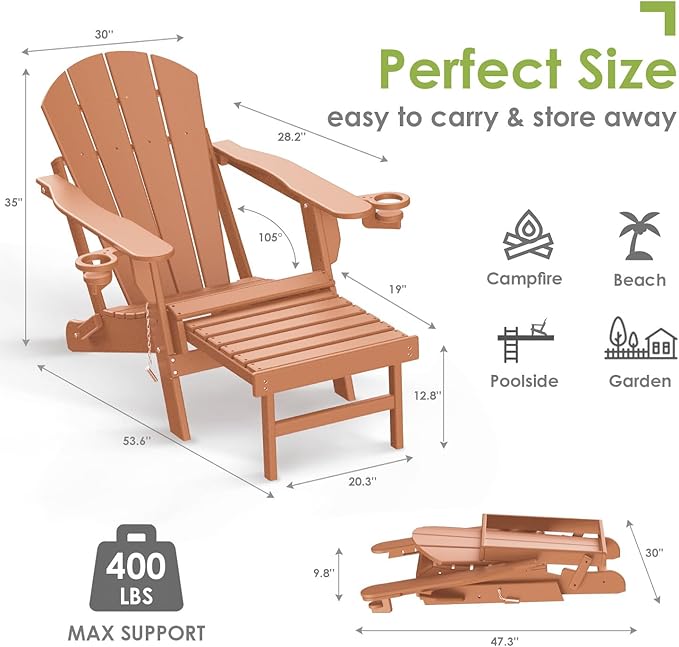 GREENVINES Adirondack-Chairs-with-Ottoman | Set of 6 | Folding | Retractable-Footrest | HDPE Plastic | All Weather Fire Pit Chair | Cup Holders | Teak | for Outdoor Poolside