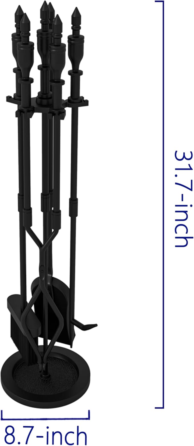 5-Piece Wrought Iron Fireplace Tools Set with Handles Indoor Fireplace Accessories for Modern Décor and Outdoor Fire Pits Includes Poker, Tongs, Shovel, Brush, and Wood Stove Hearth Stand