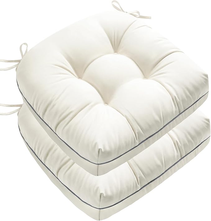 Outdoor Chair Cushions Set of 2, Outdoor Cushions for Patio Furniture and Wicker Chair, Memory Foam Patio Seat Cushion Pads with Ties, 19 x 19 Inch (Cream)
