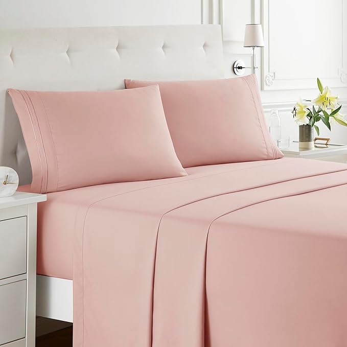 Clara Clark Bed Sheets, Premier 1800 Series Bed Sheet Set, Deep Pocket, Wrinkle, Fade, Stain Resistant, Luxury Soft Bedding Sheets & Pillowcases, Split King, Pink Beige