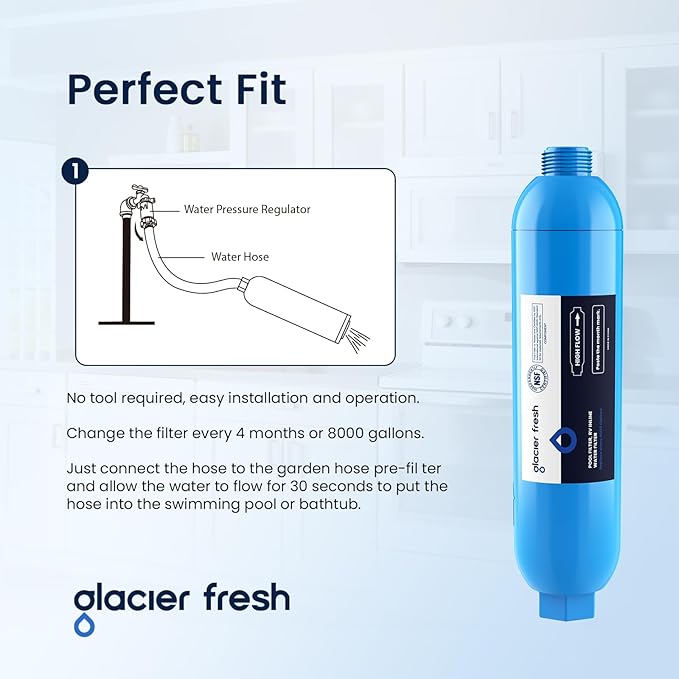 GLACIER FRESH Garden Hose End Pre-Filter for Swimming Pool, Hot Tubs, Spa, Inflatable Pool, Ponds, Greatly Reduces Bad Taste, Odors, Chlorin and Sediment, up to 8,000 Gallons, 4 Pack