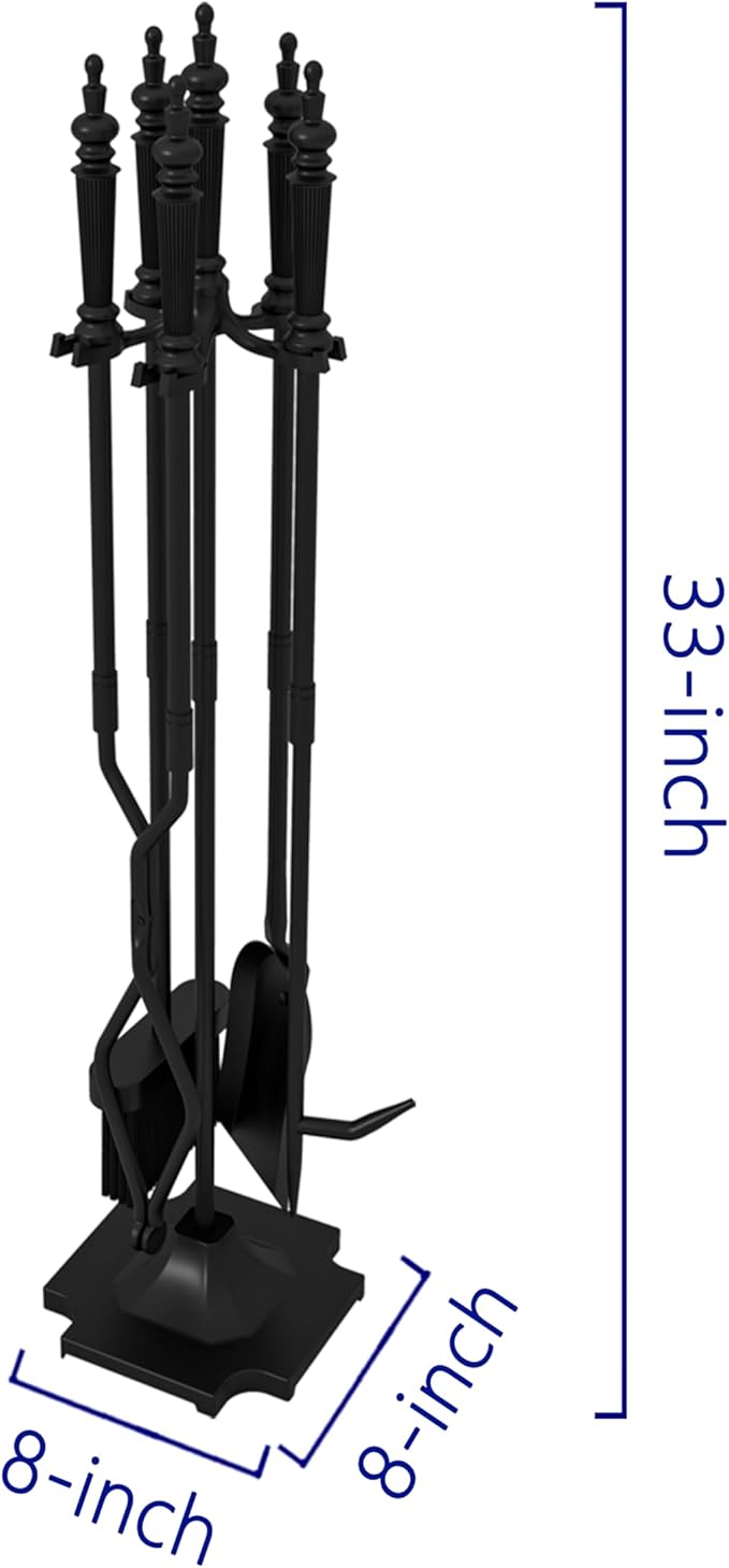 5-Piece Fireplace Tools Set 32.5In Cast Iron Indoor & Outdoor Fireside Accessories Includes Stand, Shovel, Brush, Tong, and Poker