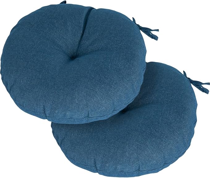 Magpie Fabrics Outdoor 15"x15"x4" Round Bistro Seat Cushions with Ties Set of 2, Tufted Waterproof Patio Floor Chair Pads for Home Garden Balcony Kitchen Office Porch, Dark Blue