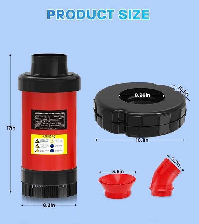 15000 GPH Pond Fountain Aerator, 110V,Floating Pond Fountain Pump with Stainless Steel Body, Pond Aerator Pump for Small & Large Ponds and Lakes (Black)