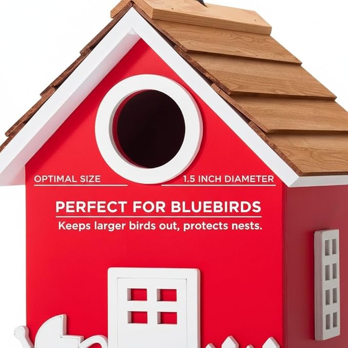 Vinyl Water Proof Bird House for Outside, Shingle Roof Bluebird House Nesting Box, Squirrel Proof Hanging Birdhouse, 5 Years Weatherable for Outdoor Decoration,Bird Box for Pole (Red)