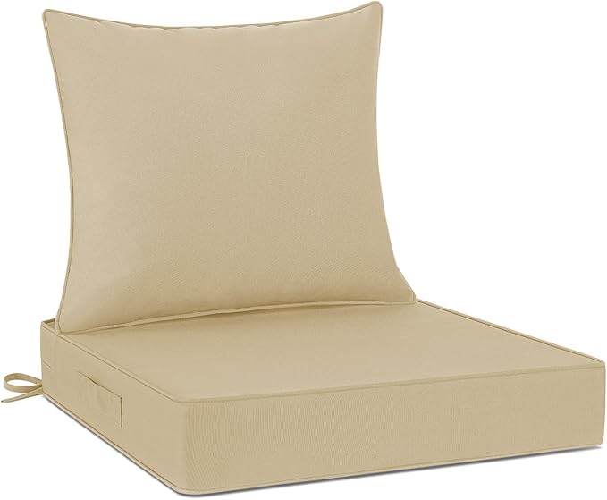 Cozyide Outdoor Chair Cushions 24x24, Washable Patio Furniture Cushions with Removable Cover, Waterproof Outdoor Deep Seat Cushion Set with Non-Slip Ties and Handle, Khaki
