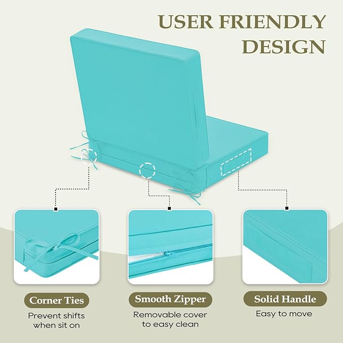 Wellsin Outdoor Cushions for Patio Furniture, Waterproof Outdoor Seat Cushions with Ties and Handle, Outdoor Cushions 24 X 24, Outdoor Deep Seat Cushions with Removable Cover, Teal