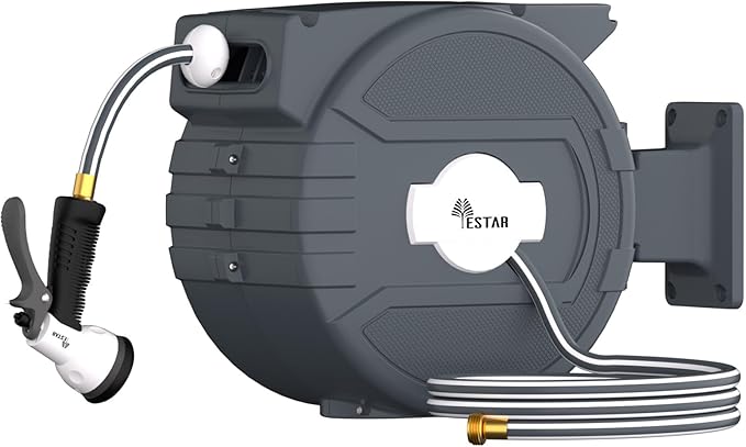 Retractable Garden Hose Reel 1/2 in x82 ft, Garden Water Hose Reel with 7- Function Sprayer Nozzle, Any Length Lock/Automatic Slow Return System,180° Swivel Bracket