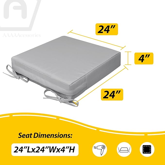 AAAAAcessories Outdoor Seat Cushions for Chairs, Waterproof, Fade-Resistant, 24" x 24" x 4", Patio Furniture Replacement Cushions, Set of 2, Gray