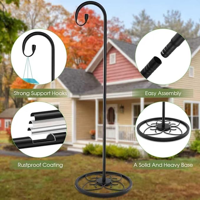 63" Adjustable Shepherd Hook Stand with Round Base Stand for Wind Chime, Bird Feeder, Lantern for Indoor & Outdoor Garden Patio Home Decor.