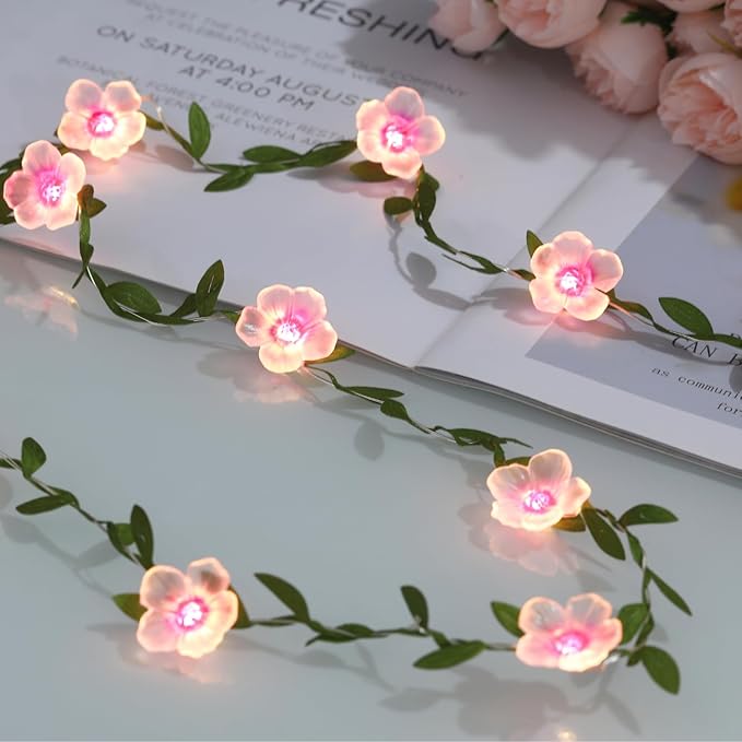 Cherry Blossom Vine Lights 13ft 40 LED Flower String Lights USB Plugin & Battery Operated Fairy Lights with Timer 8 Modes Remote Decorative Light for Bedroom Wedding Party - 1 Pack