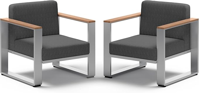 2 Pieces Outdoor Aluminum Armchair, Modern Patio Patio Furniture with Wide Seat and Thick Cushions, All-Weather Oversized Couch for Deck, Porch