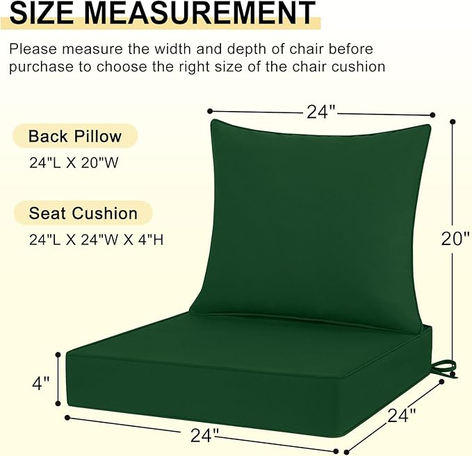 downluxe Outdoor Chair Cushions 24x24 with Removable Cover, Waterproof Patio Furniture Cushions, Deep Seat Cushions for Outdoor Furniture with Backrest for Sofa, Couch and Patio Chairs, Forest Green
