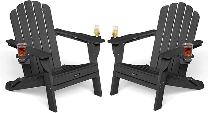 Adirondack Chairs Set of 2, HDPE Material Fire Pit Chairs, Plastic Adirondack Chairs with 2 Cup Holder, Outdoor Lawn Chair for Patio Garden，Black