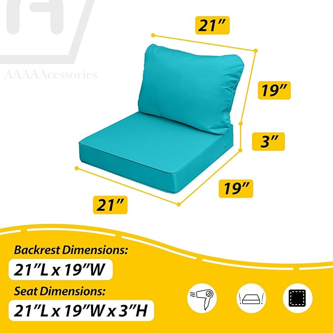 AAAAAcessories Outdoor Seat Cushions for Chairs, Fade-Resistant, Waterproof Patio Furniture Replacement Cushions, 21" x 19" x 3" + 21" x 19", Turquoise Blue