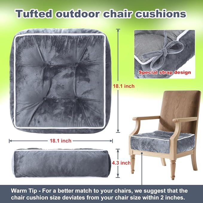 ERWUDEling Set of 2 Tufted Waterproof Outdoor Chair Cushions - 19x19x5 inchThick Patio Seat Pads with Ties for Lawn, Wicker & Garden Furniture,Gray