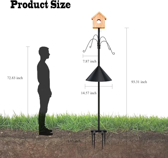 Bird Feeder Pole 93.31 Inch Feeding Station with Squirrel Proof Baffle Heavy Duty Metal Mounting Pole Stand with 4 Shepherd Hooks for Outdoor Decor Black (Bird House Not Included)