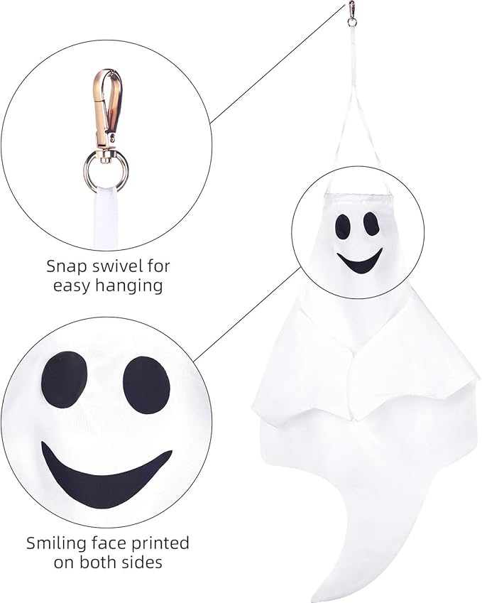 Skylety 4 Pcs 32 Inch Outdoor Halloween Ghost Decorations Tree Hanging Windsock White Flying Ghosts for Indoor Outdoor Tree Front Yard Porch Lawn Garden Pillar Party Decorations (Classic Style)