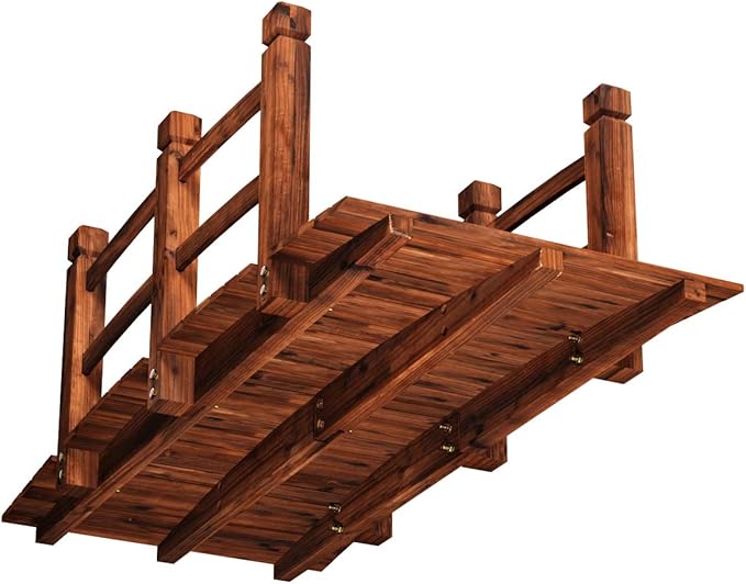 S AFSTAR Wooden Garden Bridge, 5FT Stain Finished Arch Footbridge with Safety Rails for Garden Patio Yard, Outdoor Pond Bridge & Wishing Well Planter Set