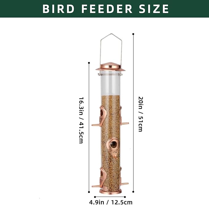ERYTLLY Metal Bird Feeders 6 Port Tube Bird Feeder for Wild Birds, 1.4mm Extra Thick Solid Tube Transparent with Steel Hanger Squirrel Proof for Outside