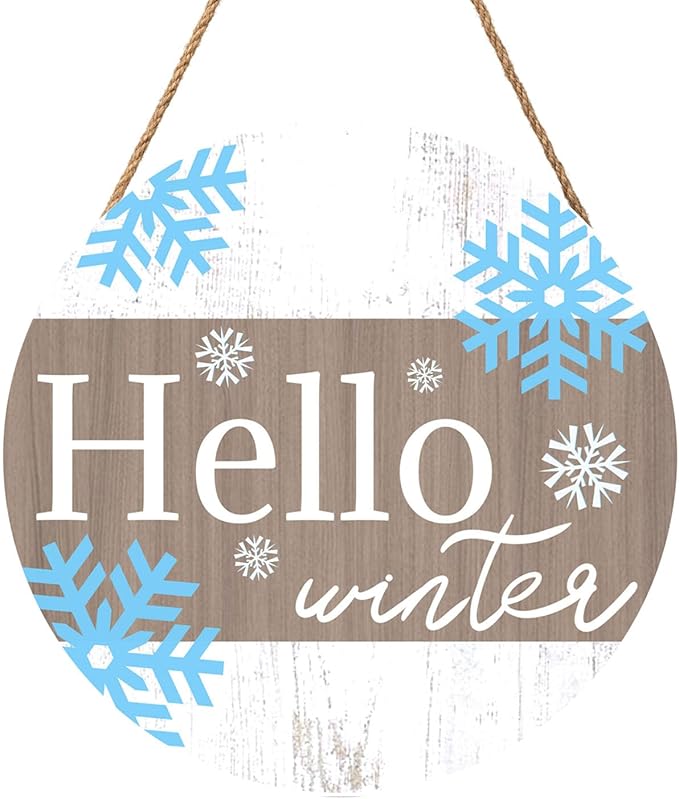 Blue Snowflakes Door Sign For Front Door Decor,Hello Winter Wooden Sign 12"x 12" Round Wood Hanging Door Sign Winter Decoration for Wall Rustic Decor