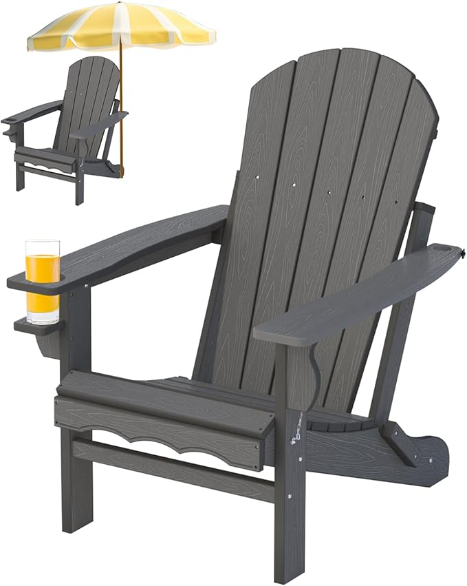 Fire Pit Chairs, HDPE Folding Adirondack Chairs Weather Resistant, Composite Foldable Adirondack Patio Chair with Cup Holder and Umbrella Hole, Grey