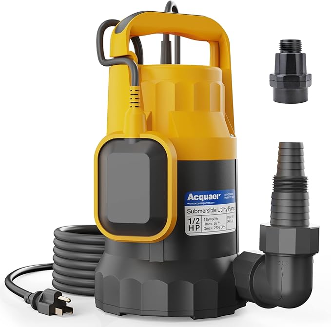 Acquaer Sump Pump Submersible Water Pump for Water Removal in Hot Tubs, Pools, Basements, and Garden Ponds, 1/2HP 2906GPH Float Switch