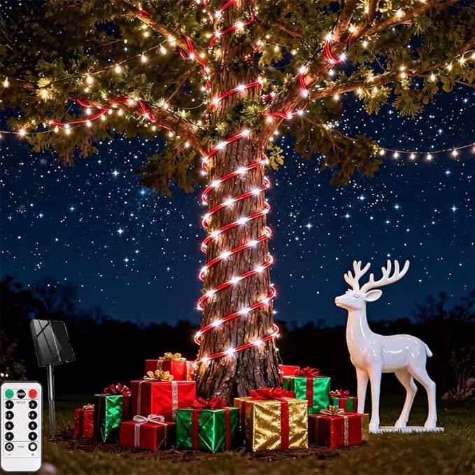 Solar Rope Lights 33Ft 100 LED Rope Lights for Outside 8 Modes White Fairy Light Solar Outdoor for Patio Fence Party Garden Yard Home Holiday Tree Decoration Candy Color