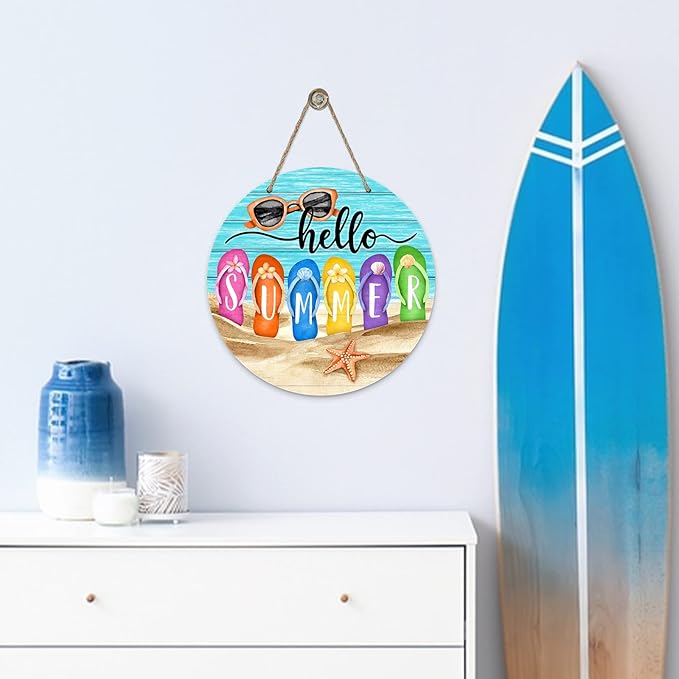 Deroro Hello Summer Beach Flip Flops Sign for Front Door Decor, Sunglasses Starfish Coastal Wood Hanger for Outdoor Outside Porch, Seasonal Farmhouse Wooden Wreath Indoor Wall Hanging Decorations