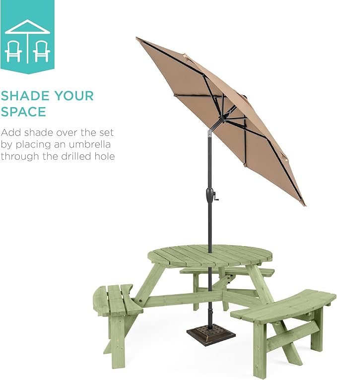 Best Choice Products 6-Person Circular Outdoor Wooden Picnic Table for Patio, Backyard, Garden, DIY w/ 3 Built-in Benches, 500lb Capacity - Sage Green