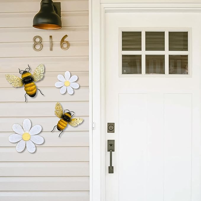 Metal Bee Outdoor Wall Decor - 2Pcs Bee Wall Art Garden Decor, Bumble Bee Decorations for Home, Yard Art Fence Decorations Outdoor