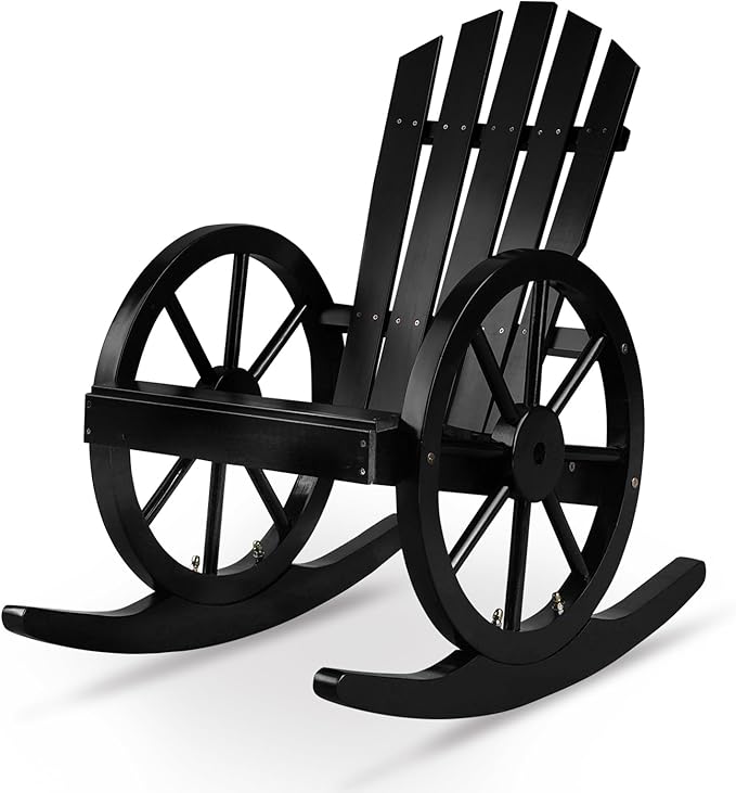 Outvita Adirondack Rocking Chair, Wood Wagon Rocker, Outdoor Wooden Carbonized Lounge Chairs with Wheel Armrest for Garden Patio Country Yard Porch(Black)