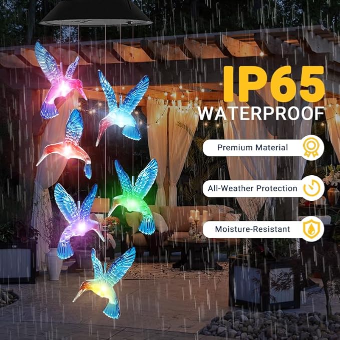 Hummingbird Solar Wind Chimes for Outside - AIONASA Color Changing LED Outdoor Solar Lights Waterproof Windchimes, Hanging Gifts for Mom Grandma Women, Home Garden Patio Yard Porch Decoration