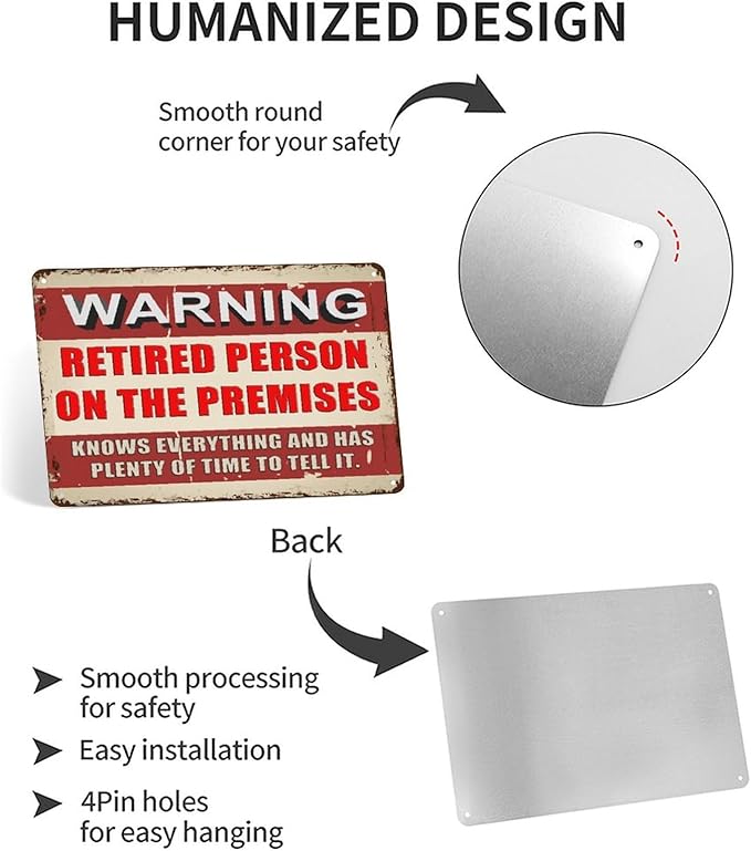 Retirement Gifts for Men/Women Metal Patio Signs Retirement Party Decorations - Warning Retired Person On Premises Knows Everything Sign - Funny Vintage Yard Door Decor 8 X 12 Inch