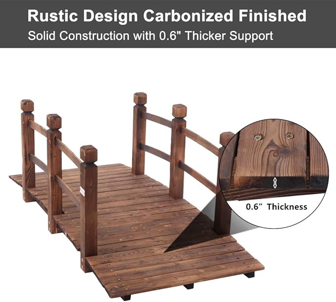VINGLI 5 ft Garden Bridge, Classic Wooden Arch with Safety Rails Stained Finished Footbridge, Decorative Pond Landscaping, Backyard, Creek or Farm