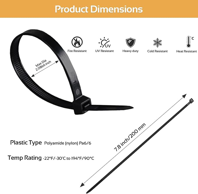 5000pcs 8Inch Black Cable Tie,Nylon Zip Ties,Industrial Grade,50 Pounds Tensile Strength,UV Resistant,Heavy Duty,for Home,Garden Trellis,Office,Garage and Workshop