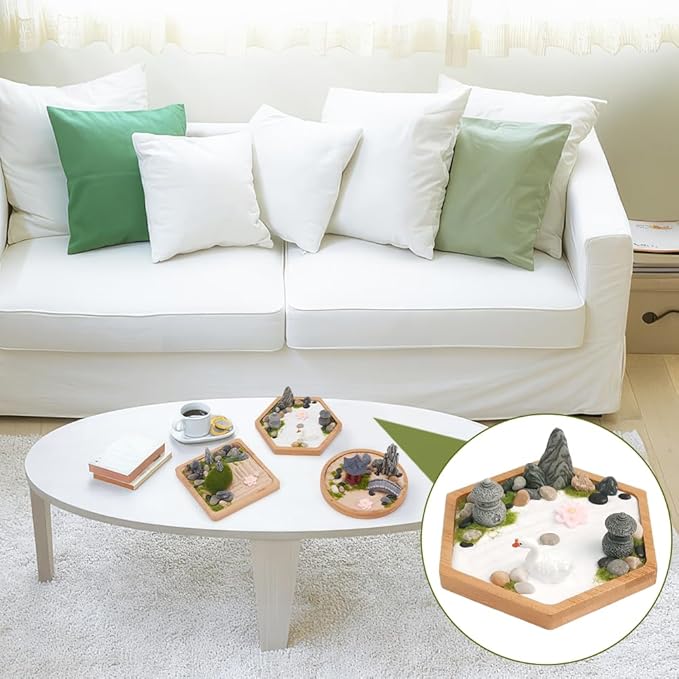 WEBEEDY 3 Sets Mini Zen Garden Kit Sand Tray Kit Japanese Sand Garden for Desktop with Bamboo Tray,Mini Rock Garden Gift Set for Home Office Desk Beautiful Japanese Decor Relaxation Meditation