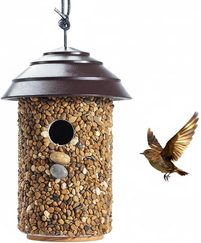Outdoor Wren Bird House with River Pebble Composite Roof – Decorative Wooden Nesting Box for Wrens, Finches & Small Songbirds – Weather-Resistant Hanging Backyard Habitat, 10 Years (Black