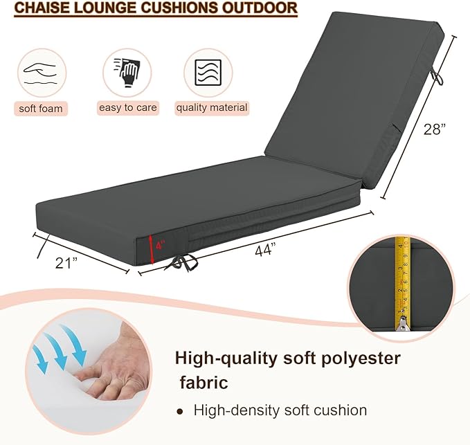 Chaise Lounge Cushions Outdoor Set of 2, Waterproof & Fade Resistant Patio Lounger Cushions, Replacement Sun Lounger Pads with Removable Cover for Pool, Deck, Lawn Furniture