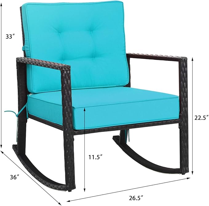 Tangkula Wicker Rocking Chair, Outdoor Glider Rattan Rocker Chair with Heavy-Duty Steel Frame, Patio Wicker Furniture Seat with 5” Thick Cushion for Garden, Porch, Backyard, Poolside (1, Turquoise)