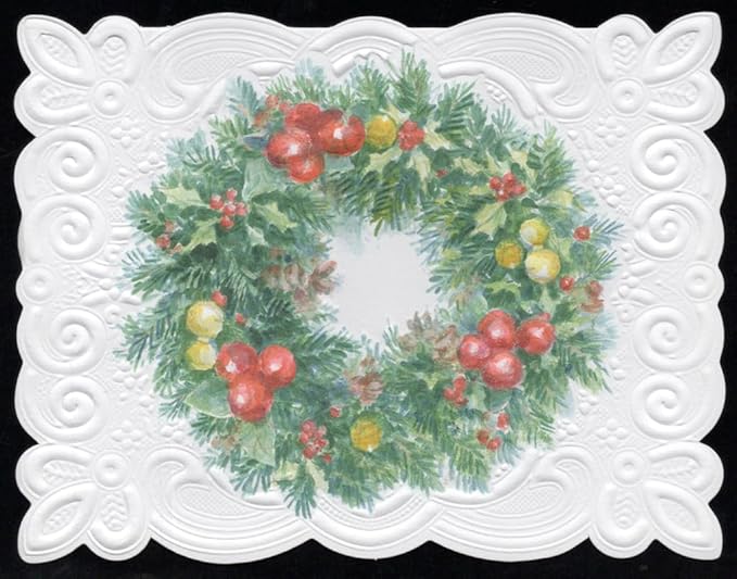 Poster Foundry Christmas Holiday Wreaths Portfolio Boxed Note Cards by Carol Wilson. 10 embossed 4x5 Die-Cut Notecards and Matching Envelopes in Decorative Gift Box with Magnetic Flap. NCPX2367