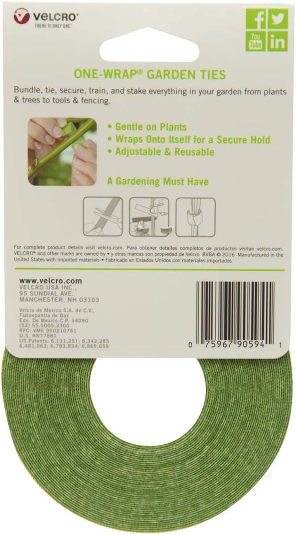 VELCRO Brand 90594 ONE-WRAP Garden Ties | Plant Supports for Effective Growing Strong Gardening Grips are Reusable and Adjustable | Cut-to-Length, 30ft x 1/2in Roll, Green