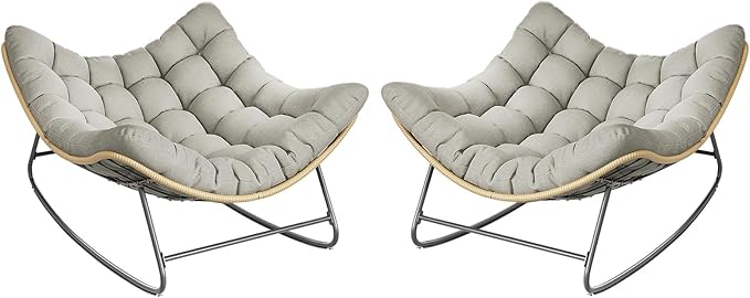 Outdoor Rocking Chair, 2 PCS Indoor Papasan Chairs, Oversized Egg Rocking Chair with Thick Cushion, Rattan Wicker Rocker Lounge Chair for Bedroom, Living Room, Patio, Garden, Porch (Light Grey)