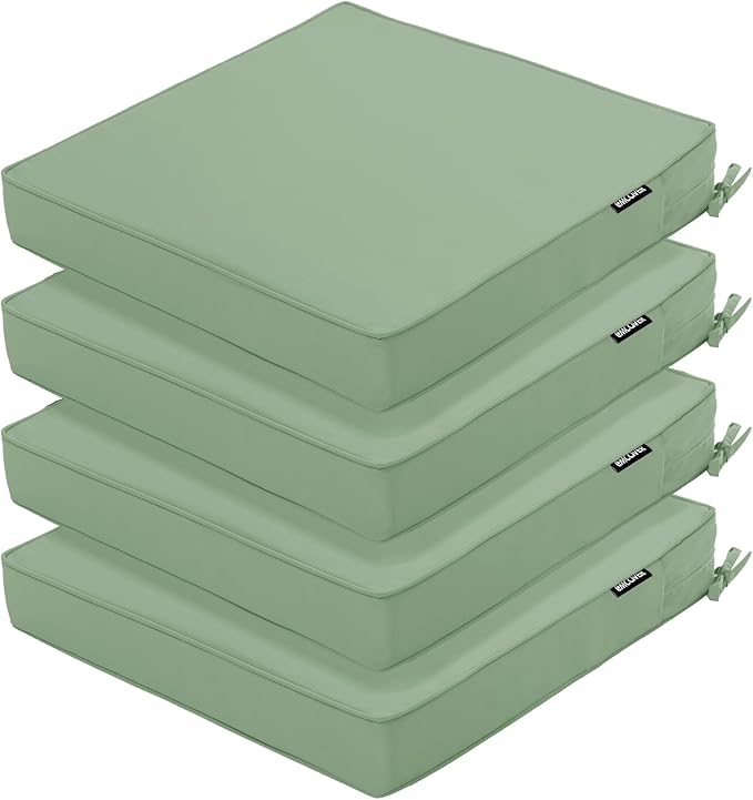 Outdoor Chair Cushions 16 x 17 Inch, Set of 4, Waterproof Patio Chair Cushions with Tie 5 Year Color Fastness Thick Outdoor Seat Cushion for Garden Lawn Patio Furniture Sage Green