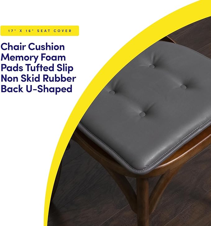 Sweet Home Collection Chair Cushion Memory Foam Pads Tufted Slip Non Skid Rubber Back U-Shaped 17" x 16" Seat Cover, 4 Count (Pack of 1), Faux Leather Gray