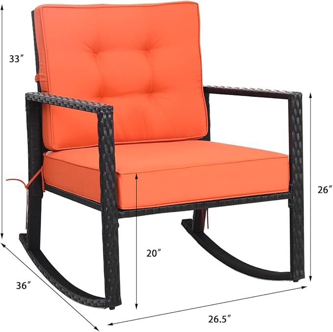 Tangkula Wicker Rocking Chair, Outdoor Rattan Rocker Chair with Heavy-Duty Steel Frame, Patio Furniture Seat with 5” Thick Cushion for Garden, Porch, Backyard, Poolside (1, Orange)